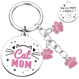Cat Mom Gifts Keychain for Women - Cute Cat Lover Christmas Gift for Women Mommy Girl with Cat Pink Paw Keyring Best Cat Mom Mother's Day Birthday Thanksgiving Christmas Presents