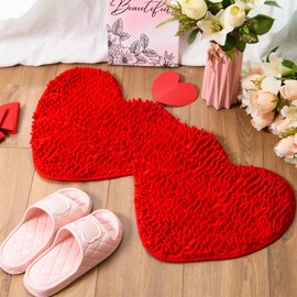 AWIZOM 1 Pcs Valentine's Day Heart Rug Heart Shaped Bathroom Rug Decorative 31.5x15.75 Non-Slip Doormat Washable Love Kitchen Floor Mat for Home Shower Bedroom Living Room Entrance Floor Decor, Red