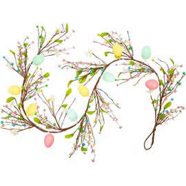 JUNEBRUSHS 6 FT Lighted Easter Egg Garland, Artificial Floral Spring Garlands for Mantle Fireplace Garland for Spring Home Decor Easter Party Indoor Outdoor Decoration