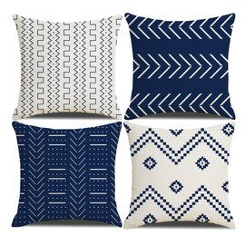 Cushion Covers 45 x 45 cm Farmhouse Cushion case covers, Set of 4 Navy Blue Textured Patchwork Square Pillow Case for Sofa Sofa Chair Bedroom Modern Decor Home Office Couch Car Garden
