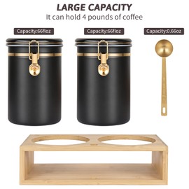 Yangbaga 304 Stainless Steel Coffee Canisters for Ground Coffee,2 x 66 OZ Coffee Container with Shelf Coffee Bean Storage, Food Storage Jar with Gold Airtight Locking Clamp and Spoon for Kitchen
