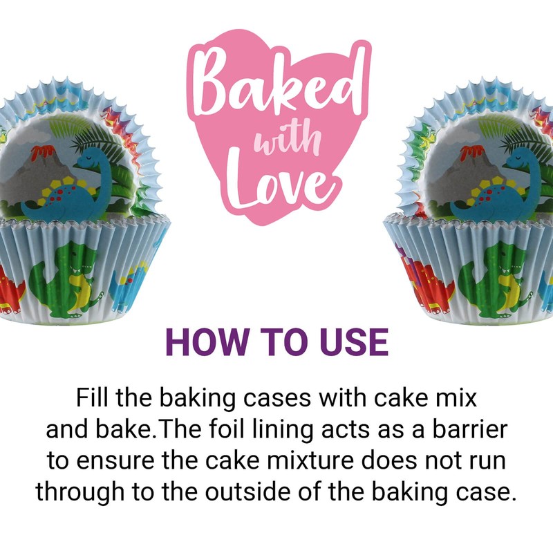 Baked with Love Dinosaur Baking Cases, 50mm Foil Lined Baking