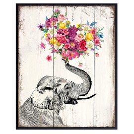 Elephant Floral Heart Boho Wall Art - Vintage Rustic Picture for Room Decor, Home Decoration, Bedroom, Bathroom, Apartment - Cute, Unique Romantic Gift for Women, Her, Wife - UNFRAMED Print