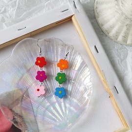 Colorful Flowers Dangle Earrings, Lovely Wooden Flower Drop Earrings for Women Boho Style Vacation Jewelry