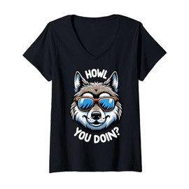 Womens Funny Wolf Howl You Doin Wildlife Animal Pun Lover V-Neck T-Shirt