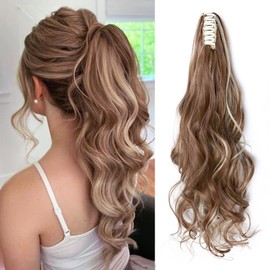 TESS Ponytail Clip Extensions, 60 cm Wavy Ponytail Hairpiece, Light Brown with Ash Blonde Highlighted Hair Extensions for Braid, Synthetic for Women