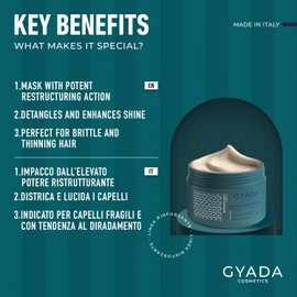 GYADA COSMETICS, Impacco Capelli Rinforzante con Spirulina, Nutriente, Anticaduta, Contrasta le Doppie Punte, Indicato per Capelli Fragili, con Avena e Ginseng, 250 ml, 1