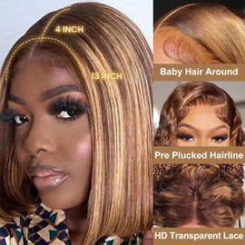 RMOARIWR Highlight 4/27 Bob Wig Human Hair 180% Density 13x4 HD Transparent Lace Front Wigs Human Hair Pre Plucked Short Bob Glueless Straight Wigs Human Hair for Women 16 Inch