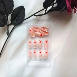 Almond Press on Nails Gold Sequins Fake Nails Medium Length Red Heart Acrylic Nails Glossy Pink with Gold Line Designs False Nails Glitter Full Cover Artificial Glue on Nails for Women