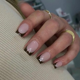 30Pcs Brown French Tip Press on Nails Short Square Nails Press ons, Short Fake Nails Coffin Acrylic Nails French Glue on Nails Short False Nails for Women, Natural French Short Gel Nails 15 Sizes