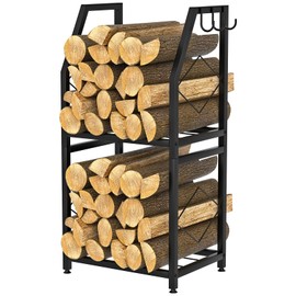 VyGrow Firewood Rack for Indoor, 2-Tier Firewood Holder with 3 Hanging Hooks, Heavy Duty Wood Rack for Outdoor Patio, Black, 11.8" D x 15.7" W x 31.9" H