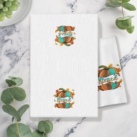 COWEB Blessed Fall Kitchen Towels, Fall Leopard Teal Orange Pumpkin Decorative Hand Towels for Kitchen Bathroom, Fall Thanksgiving Dish Towels Tea Towels, Fall Kitchen Bathroom Decor, 16x24 Inches