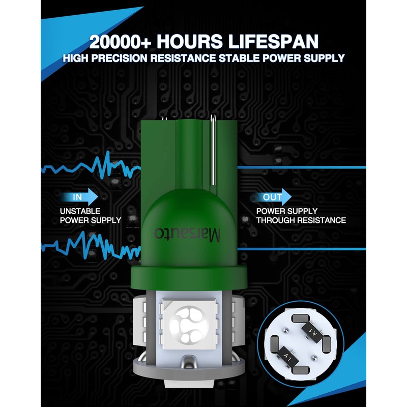 Marsauto 194 LED Light Bulb Green, 168 T10 2825 LED
