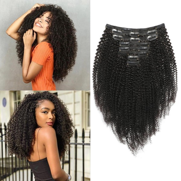 Kinky Curly Clip-In Real Hair Extensions, 8 Pieces, 120 g, Invisible Real Hair Wig Extensions, Clip-In Natural Black Clip Ins for Black Women, 18 Inches, 18 Clips