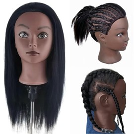 Black Mannequin Head with Hair for Braiding, Cosmetology Training Head for Practicing Styling, 21 Inches Layered Pre-streched Hair Manneuiqn Head with Stand