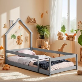 JYH Twin Size Wood Montessori Bed Frame, Compact House-Shaped Headboard Floor Bed with Fence for Teens, Twin Floor Bed, No Box Spring Needed, Grey