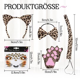 SIWOKJJO 6-piece leopard costume set, leopard costume ladies, leopard ears headband, leopard tail, bow tie, gloves, leopard make-up sticker for fancy dress, carnival fancy dress party