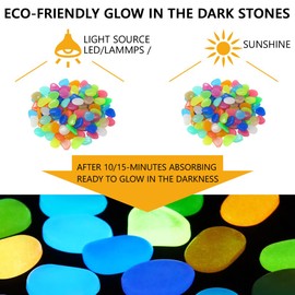 Japard Glow in The Dark Rocks Stones, Luminous Glowing Pebbles 100 Pcs, Light or Solar Charged, Indoor, Outdoor, Garden, Aquarium, Fish Tank, Planter (Rainbow / 100)