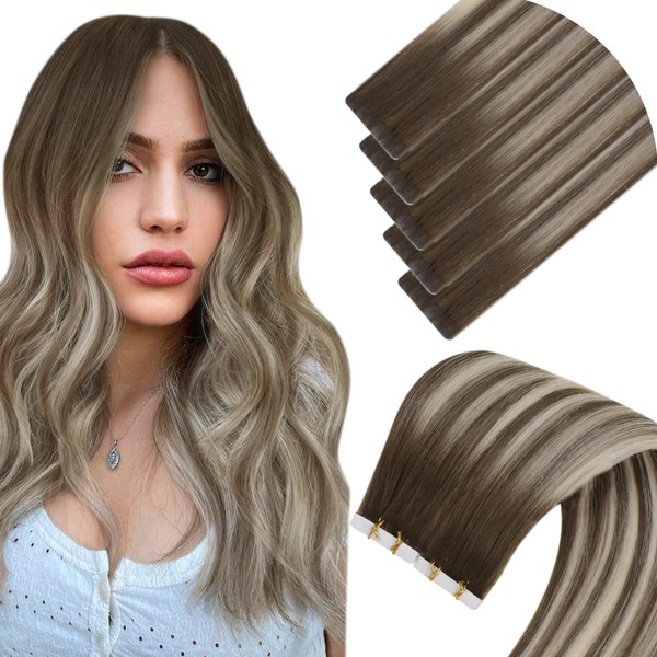 LaaVoo Virgin Tapes Extensions Real Hair Brown Blonde Extensions Real Hair Tape Light Brown Balayage Platinum Blonde Ombre Hair Extensions Real Hair Tape 5 Pieces 10 g 35 cm