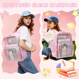 MUSEVOS Clear Backpack Heavy Duty for School & College - Waterproof PVC & Oxford Fabric 2-in-1 Design, Reinforced Shoulder Straps, Clear Bookbag for Girls, Women (Pink)