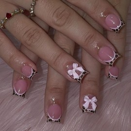 24Pcs French Tip False Nails Short - Leopard Press on Nails - Square False Nails with Pink Bow - Sweet Fake Nails with Glue - Full Cover Acrylic Stick on Tips for Women Girls Nail Art