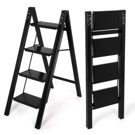 FAHKNS Black 4 Step Ladder, Aluminum Light Folding 4 Step Stool with Non-Slip Wide Pedal (7.9Inch), 330Lbs Capacity Stepping Stool for Office,Household,Kitchen
