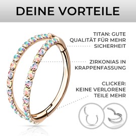 Piercing Ear Helix Conch Clicker Ring Zirconia Titanium Gold Silver Rose Gold 8 mm and 10 mm and 1.2 mm Bar Thickness, Titanium