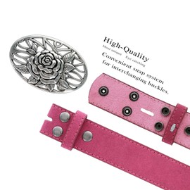 HA0493-BS66 Antique Silver Rose Buckle Suede Leather Casual Jean Belt 1 1/2"(38mm) Wide (Pink, 30)