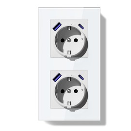 BSEED LIFE Schuko Socket with USB-C 20 W PD USB-A, Flush-Mounted 86 x 157 mm, 16 A EU Double Socket with Glass Frame, Quick Charge, Type F with Grounding, Easy Installation (Folding Claws), 2-Way