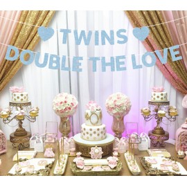 Pre-Strung Twins Double The Love Banner - Light Blue Glitter Baby Shower Decoration Supplies for Twin Babies, Twins Baby Shower Banner for Birthday/Gender Reveal Photo Booth Props