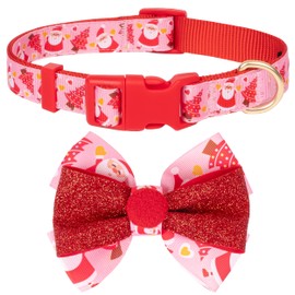 azuza Christmas Dog Collar Santa Print Xmas Dog Collar with Removable Red and Pink Bowtie, Adjustable Dog Collar Accessories for Medium Dogs