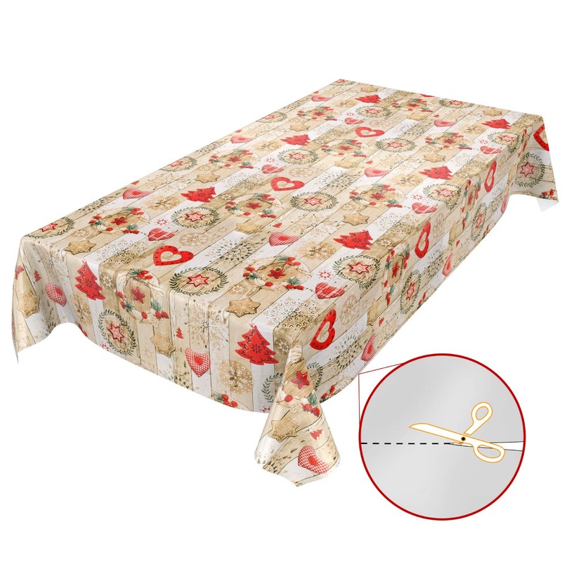 ANRO Christmas Tablecloth, Washable, Oilcloth, Red, Beige, 180 x 140
