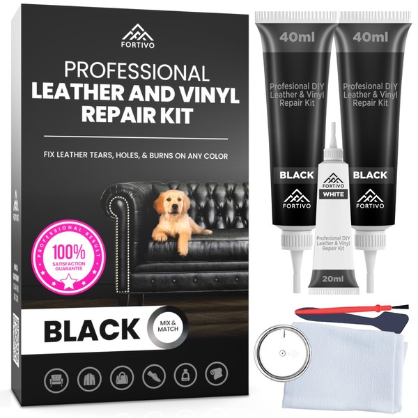 FORTIVO Black Leather & Vinyl Repair Kit - Leather Scratch Repair for Furniture, Car Seat, and More - Advanced Leather Repair Gel and Filler for Tears with Step-by-Step Guide