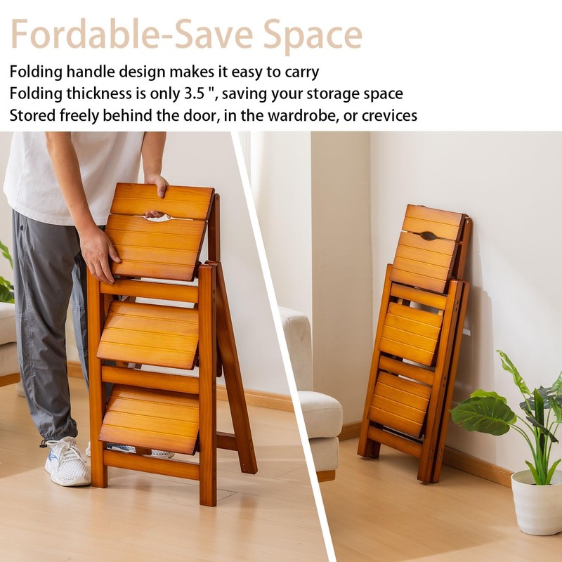 Latifolia Foldable 3 Step Ladder, Wooden Step Stool with Floor