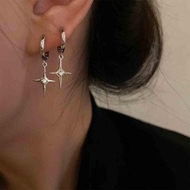 Aneneiceera Vintage Crystal Cross Drop Earrings Silver Cross Huggie Hoop Earrings CZ Cross Earrings Religious Crucifix Earrings Jewellery for Women and Girls, Metal
