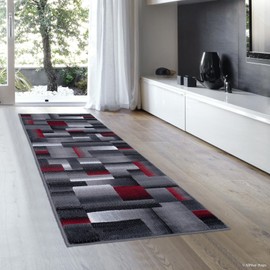 Allstar 2x7 Grey and Gainsboro Grey Modern and Contemporary Runner with Red and Charcoal Grey Geometric Design (1' 11" x 6' 11")