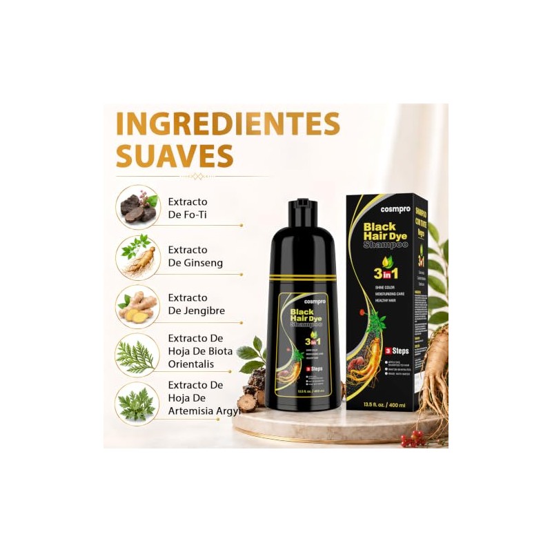 Black Hair Dye Shampoo 3 in 1, Shampoo Tinte Cubre