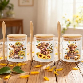 FYSUIMU 3Pcs 13 Oz Fall Glass Jars with Lids and Spoons Highland Cow Sunflower Airtight Candy Condiment Container Bowls for Thanksgiving Goodie Sugar Cookies Treat Storage Hot Cocoa Bar Supplies