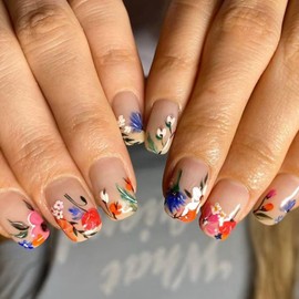 24Pcs Square Press on Nails with Design, Medium Length Fake Nails Spring Colorful Floral False Nails Cute Flower Nude Glue on Nails Glossy Spring Summer Glue on Nails for Women Manicure