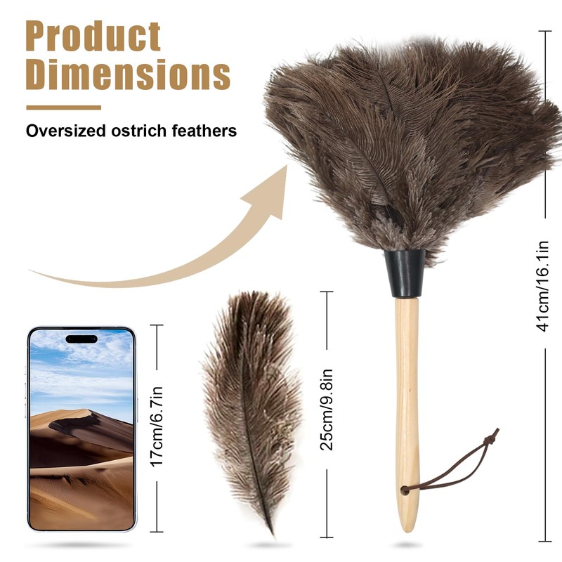 Ostrich Feather Duster, Household Dust Removal Tool with Wooden Handle,