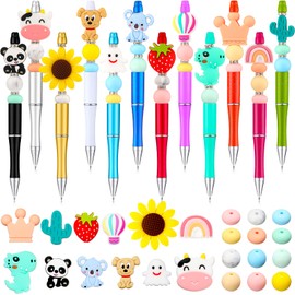 Ctosree 12 Set Plastic Beadable Pens Kit Assorted Bead Pens Wood Round Spacer Set Black Ink DIY Ballpoint Pen Making Kit with Beads for Women Men Gift School Office Supplies(Classic Style)