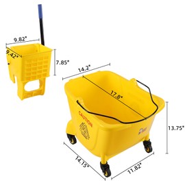 Waikhomes 26 Quart Commercial Mop Bucket with Wringer on Wheels, Mop Bucket with Side Press Wringer for Home Business Cleaning, Yellow