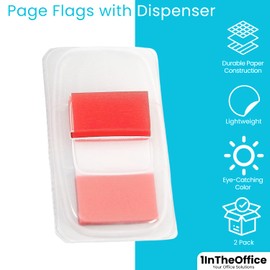1InTheOffice Red Page Marker Tabs, Sticky Index Tabs, Page Flags, 1" x 1.7", 2 Dispenser per Pack, 2 Pack