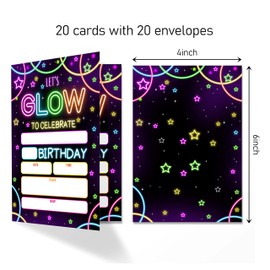 ANYEMW 4x6 Glow Birthday Invitations, Neon Birthday Party, Neon Party Decorations, Birthday Party Invitations For Boys Girls, Kids Birthday Invitations, 20 Cards with 20 Envelopes.(30)