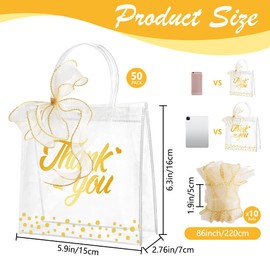 50Pcs Clear Gift Bags Thank You Bag with Handle, SHAIDOJIO Plastic Small Party Favor Goodie Bags Bulk with Ribbon, 5.9 x 6.3 x 2.8in Reusable Shopping Tote Bags for Wedding Birthday Baby Shower Bridal