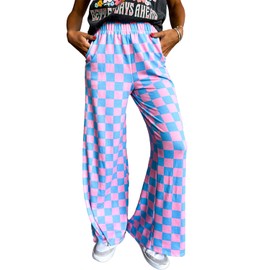 IWOLLENCE Women's Casual Loose Checkered Wide Leg Pants High Waist Straight Lounge Y2K Gingham Trousers Fall Pink Blue, XL