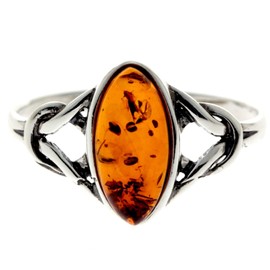 Silver Amber Jewellery - 925 Sterling Silver and Cognac Baltic Amber Celtic Knots Designer Ring - UK Rng Size Q - 7503Q