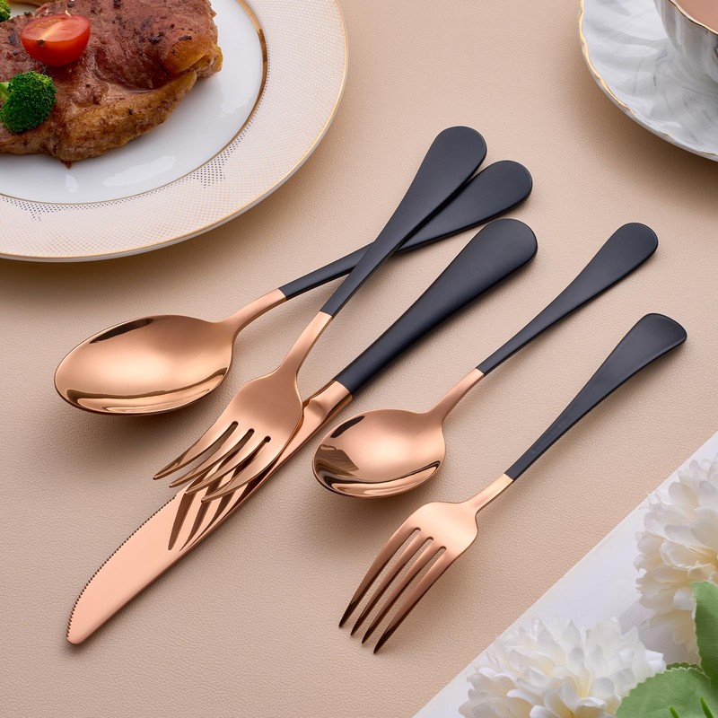 MDEALY 20-Piece Rose Gold and Black Silverware Set for 4