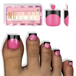 NOVO OVO Black French Tip Toe Nail Tips Press on, ROSE PINK Sharp Square Pre-Designed Soft Gel False Toenail Extension, Long/Medium Wide Fake Toenails, Full Cover Acrylic for DIY 15 Sizes 240 pcs