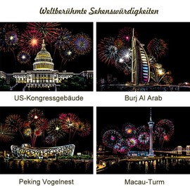 ShipeeKin 4X Scratch Pictures, 290 x 210 mm, Landmarks Wall Art, Coated Colourful Scratch Paper with Tool Set
